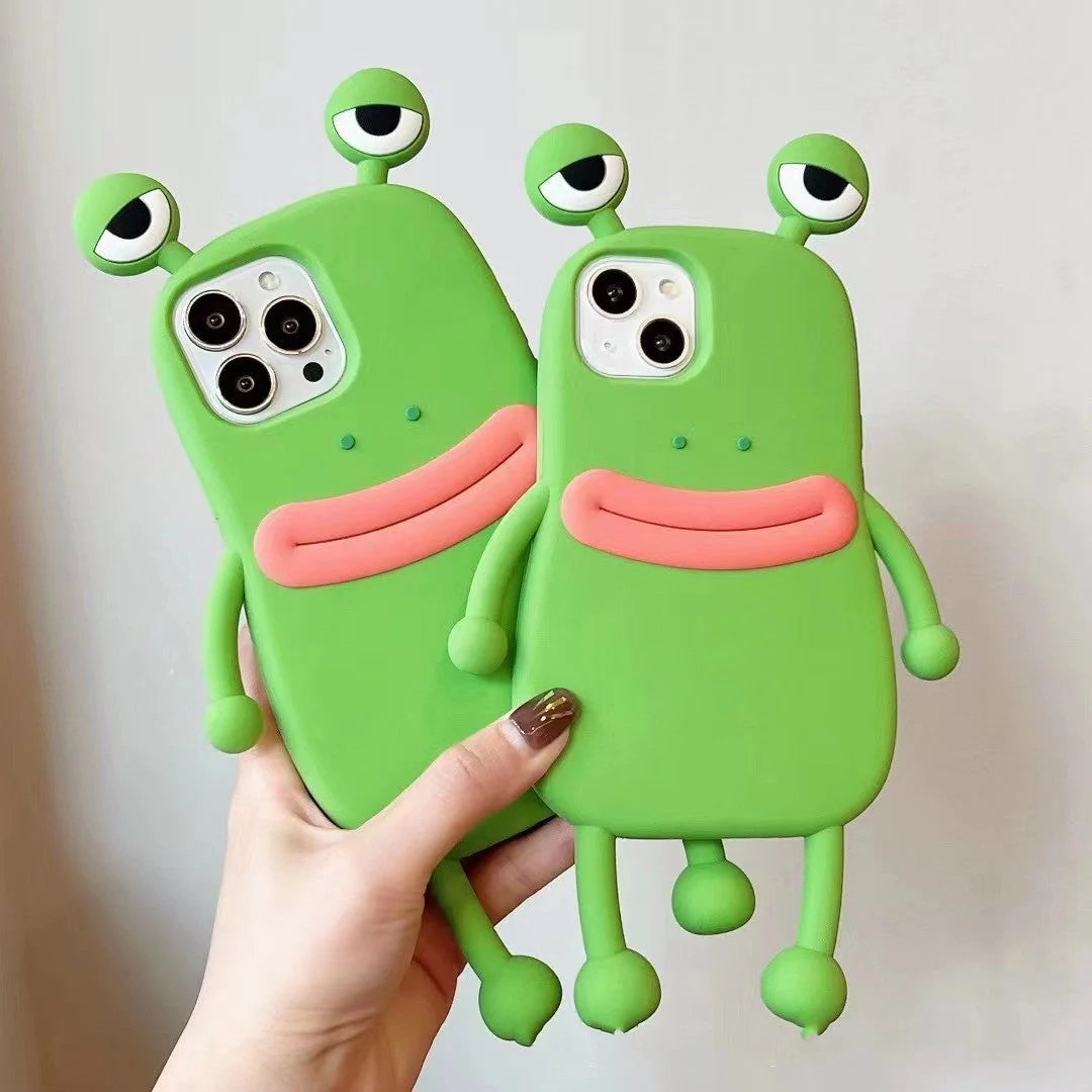 Cartoon Frog Silicone Shockproof iPhone Case in pink and green