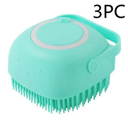 Silicone pet bath brush with shampoo dispenser, designed for gentle grooming and soothing massage