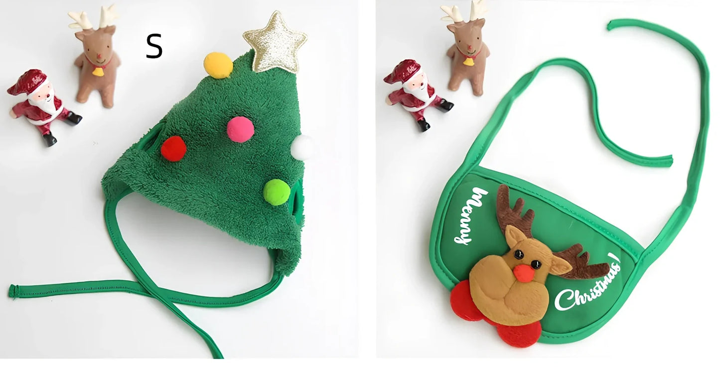 Christmas pet hat and saliva towel set with deer design for dogs and cats up to 15kg