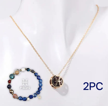 A natural stone beaded necklace and matching adjustable bracelet laid flat.