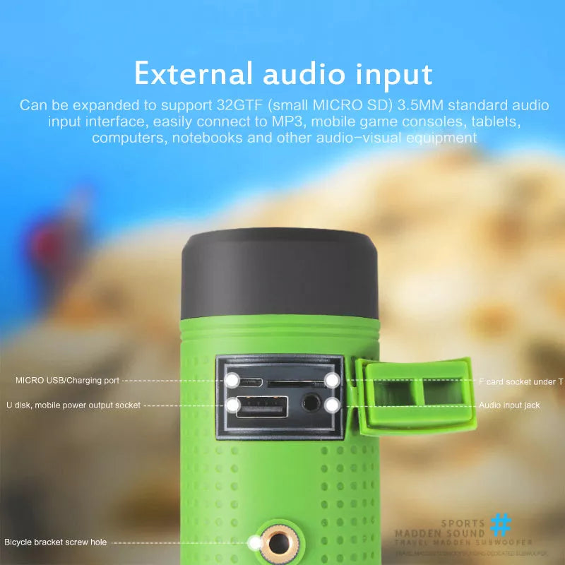 Mini bicycle outdoor Bluetooth speaker with flashlight and FM radio in blue, green, or grey