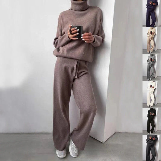 Women's casual turtleneck sweater and drawstring pants set in various colors