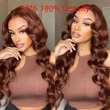 Wavy brown lace front human hair wig, hand-woven, 4x4 13x4 13x6 lace, 8-40 inch lengths, natural style.