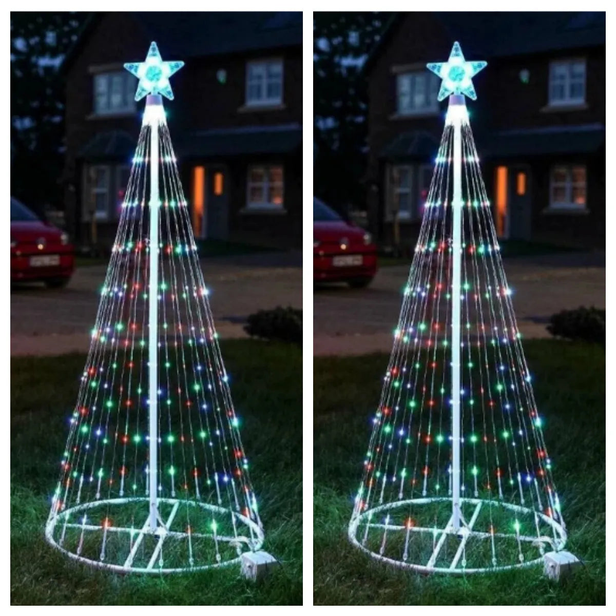 Multi-colour LED animated outdoor Christmas tree lights showing garden installation with 1.5m and 2m size options