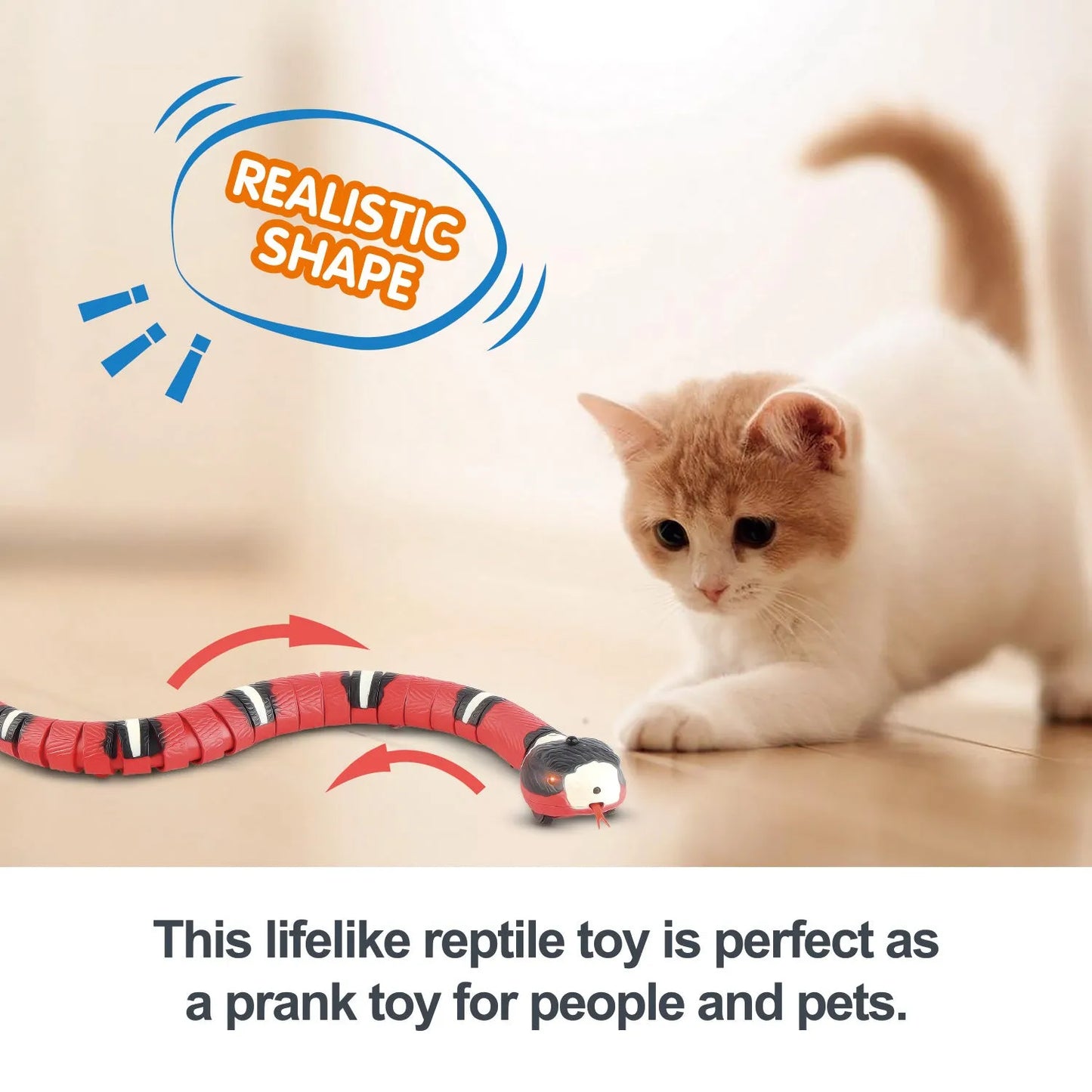 Smart sensing electronic snake cat toy with segmented body for realistic slithering motion on floor.