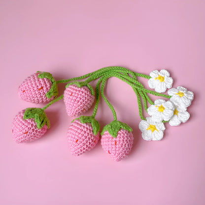 Wool crochet woven strawberry pendant necklace on 35cm chain in pink or red colour