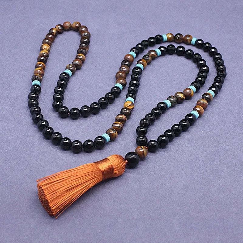 Black agate bracelet and tiger's eye stone necklace jewellery set with geometric shapes