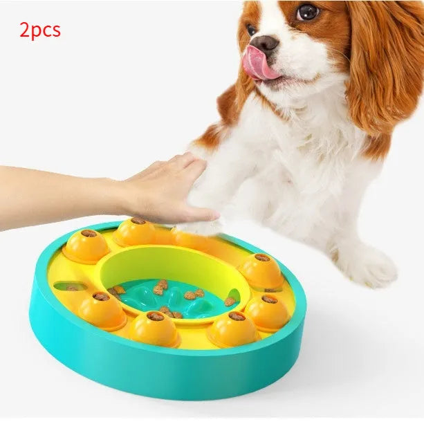 Green and blue interactive dog puzzle toy slow feeder bowl with food turntable top