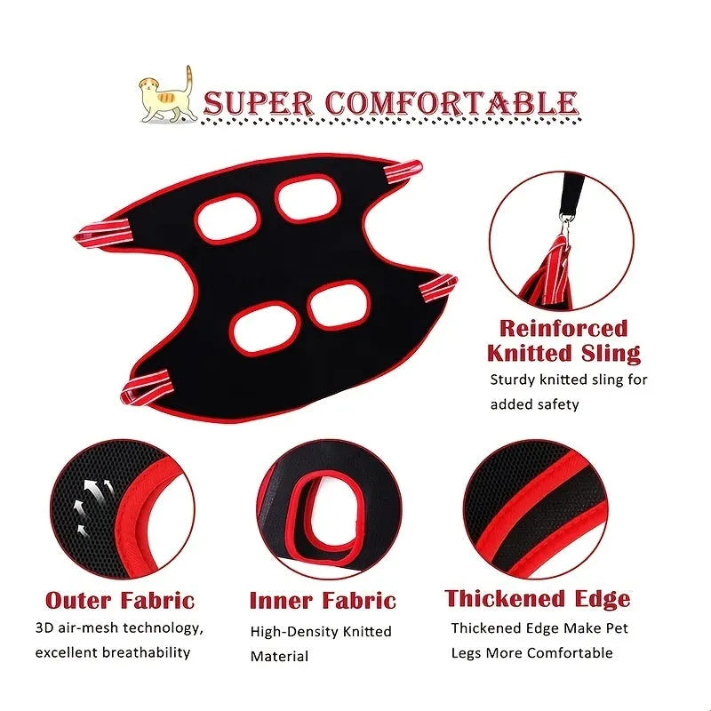 Pet grooming hammock restraint bag hanging for cat or small dog nail clipping and bathing.
