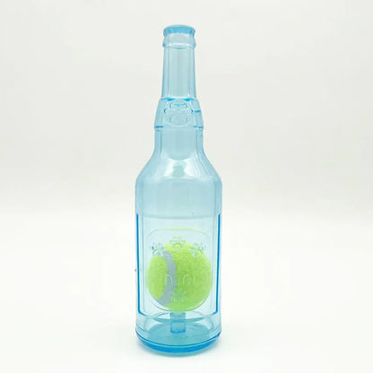 Blue natural rubber dog toy shaped like a water bottle with a squeaker tail, for aggressive chewers.