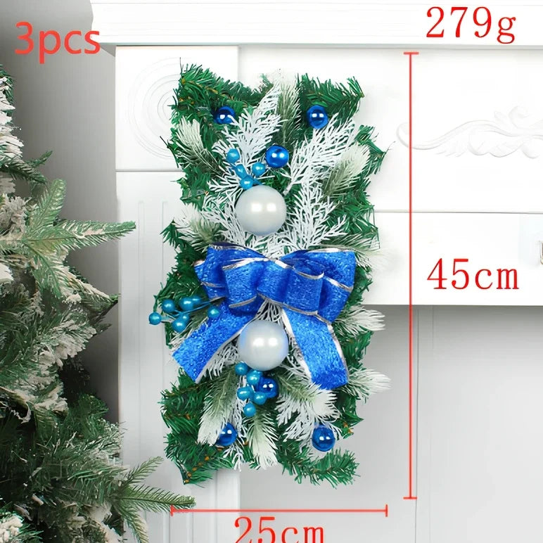 Christmas door curtain with glowing upside-down tree design in red, blue, or gold colours