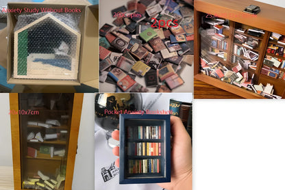 Wooden antique finish bookshelf ornament with 200 small books, 25.4 cm tall for decompression