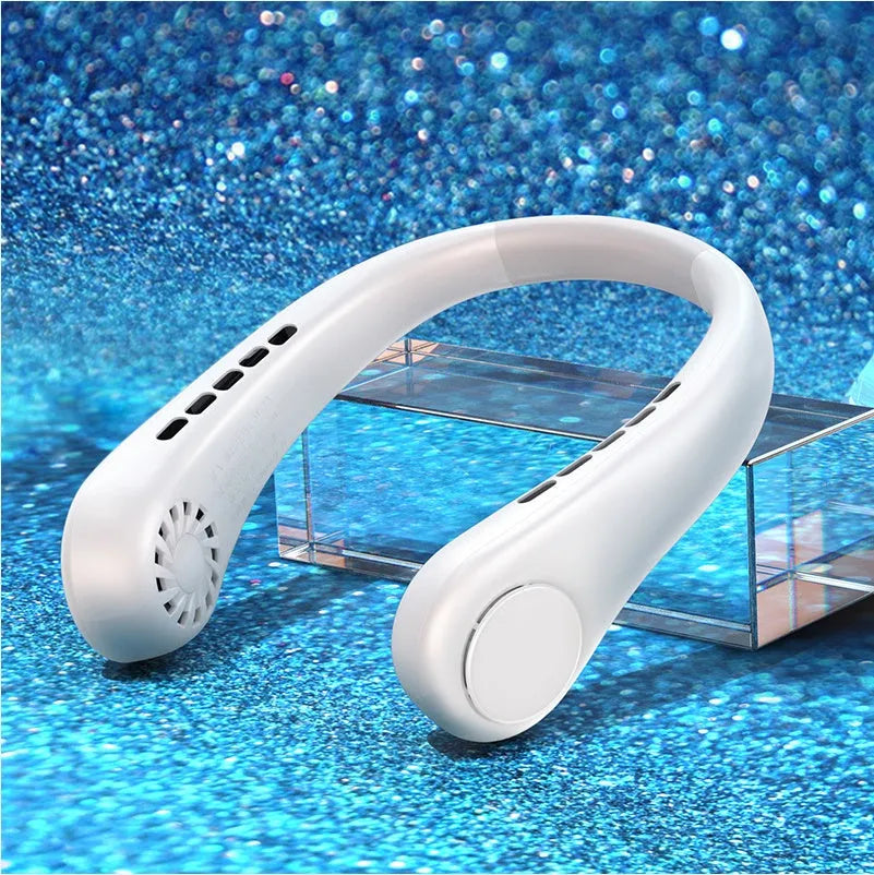 White bladeless hanging neck fan worn around a person's neck showing its snake-like shape and annular air outlet.