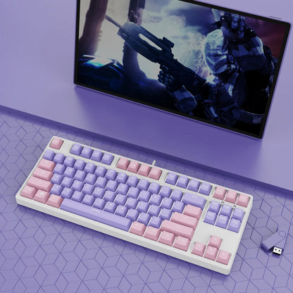 87-key mechanical keyboard with two-tone coloured keycaps on metal case