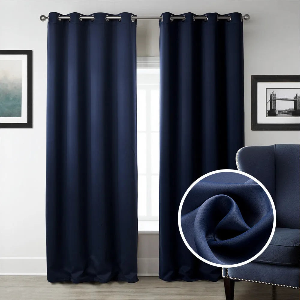 Dark navy blue blackout bedroom curtains hanging with modern simple style