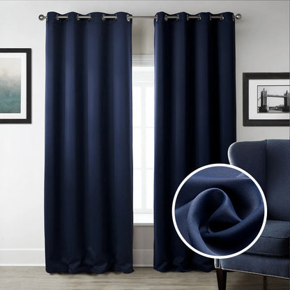 Dark navy blue blackout bedroom curtains hanging with modern simple style