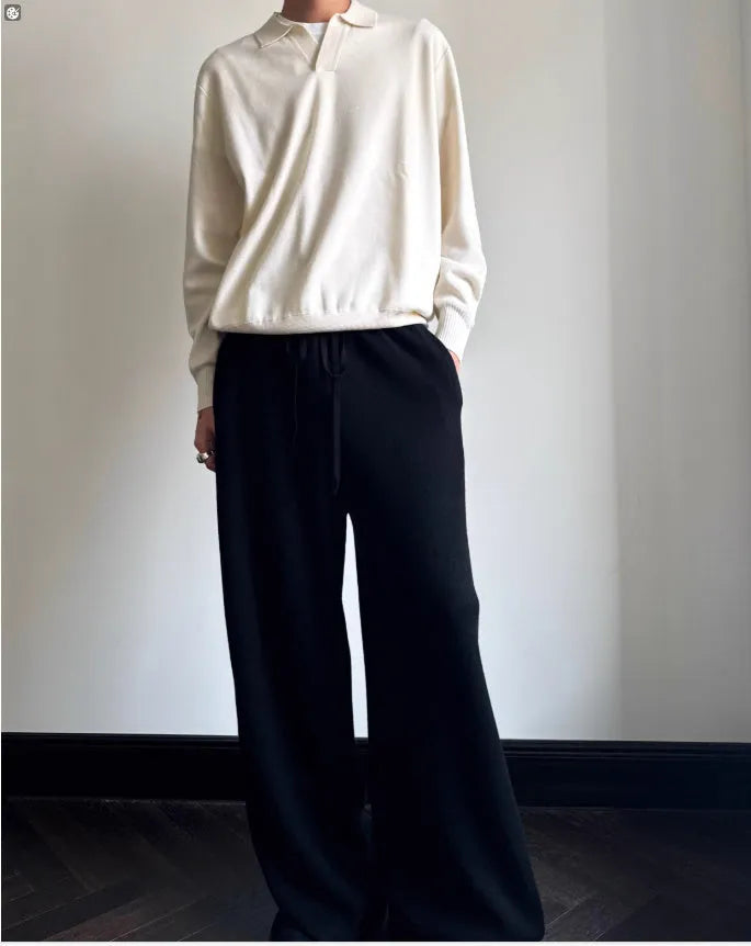Old Money Style pure wool polo sweater with lapel collar and long sleeves in milky white or navy blue, loose fit