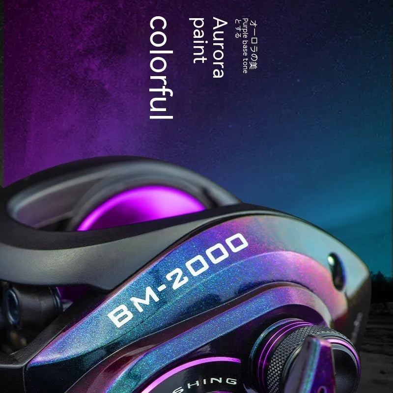 Colourful water drop shaped BM2000 fishing reel with magnetic brake, shown in left and right-hand models.