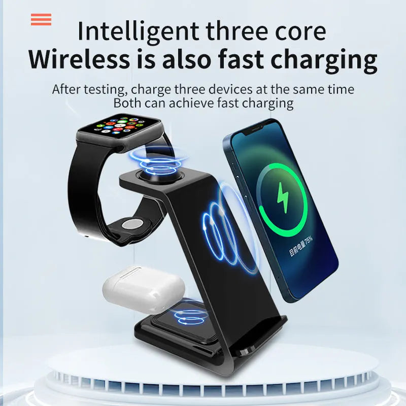 White 3-in-1 wireless charger with upright phone holder charging smartphone, earbuds, and smartwatch simultaneously