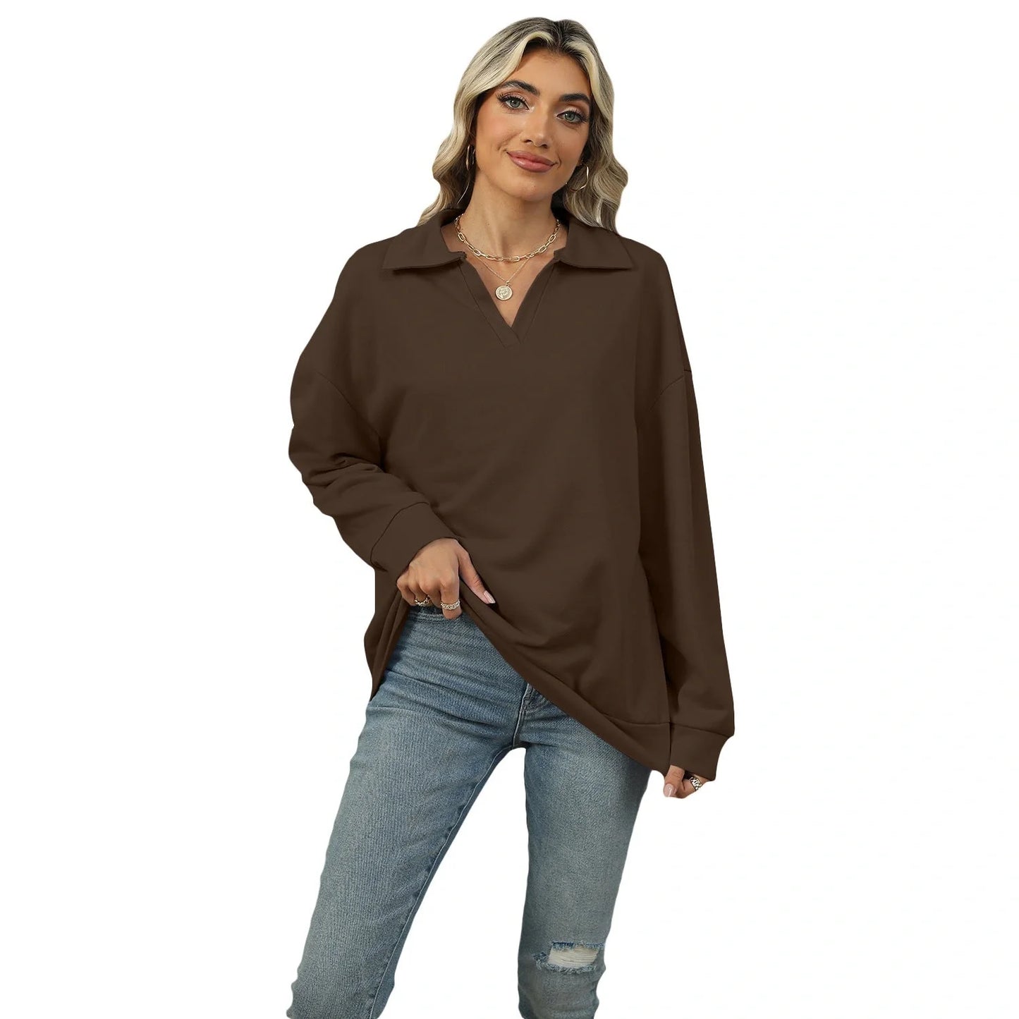 Stylish women's V-neck lapel sweatshirt in various colors