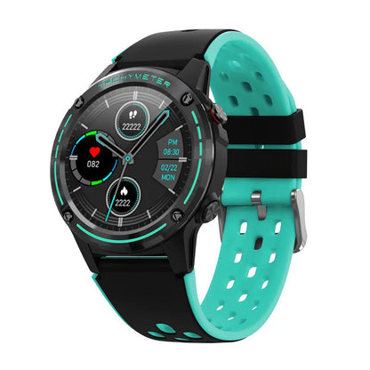 Blue sports smart watch with 1.3 inch screen displaying fitness metrics on silicone strap