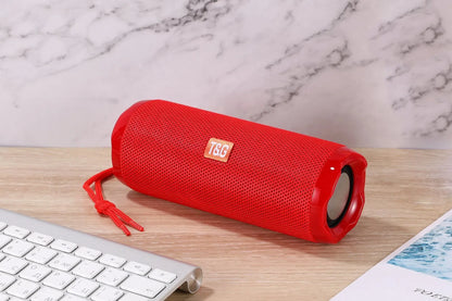 Fabric portable Bluetooth speaker with card holder in blue colour showing compact 182×73.5×69.2mm dimensions