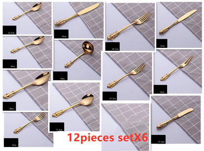 Four-piece stainless steel cutlery set showing main knife, fork, spoon, and teaspoon with mirror finish