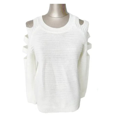 Women's solid colour knitted shirt with hollow-out crochet detailing, long sleeves, and round neck in white or grey