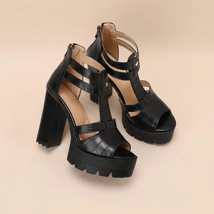 Women's black platform high heel sandals with a back zipper and round toe on a rubber sole.