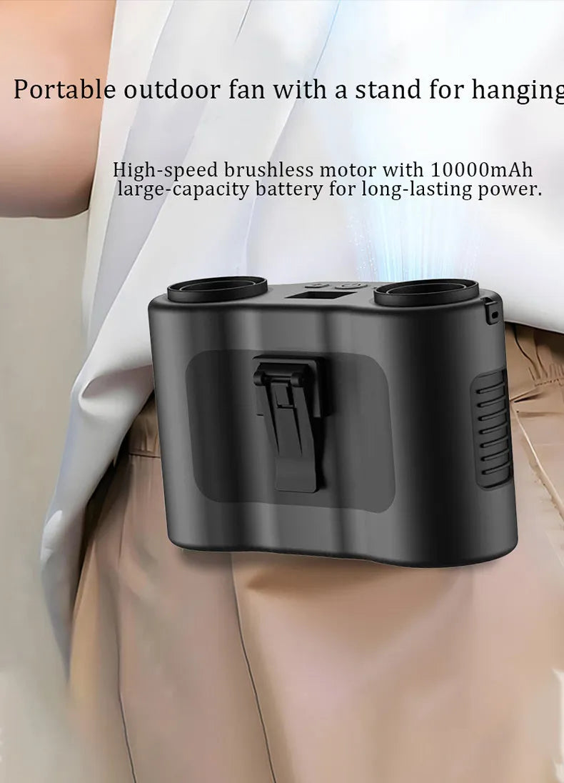 Black waist-hung fan with lanyard and buckle, showing five-blade turbine design and top control button for outdoor cooling