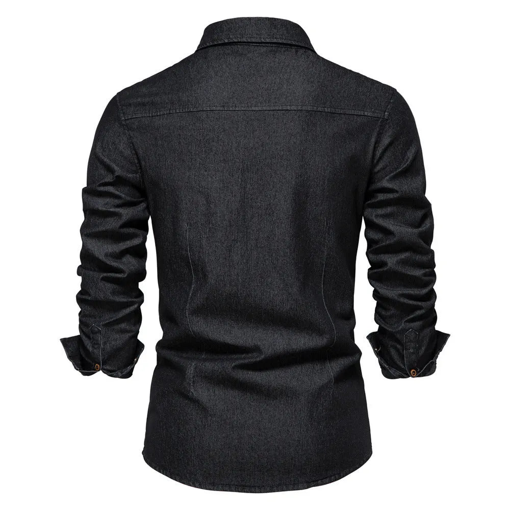 Men's solid colour slim fit cotton denim shirt with long sleeves and button front.