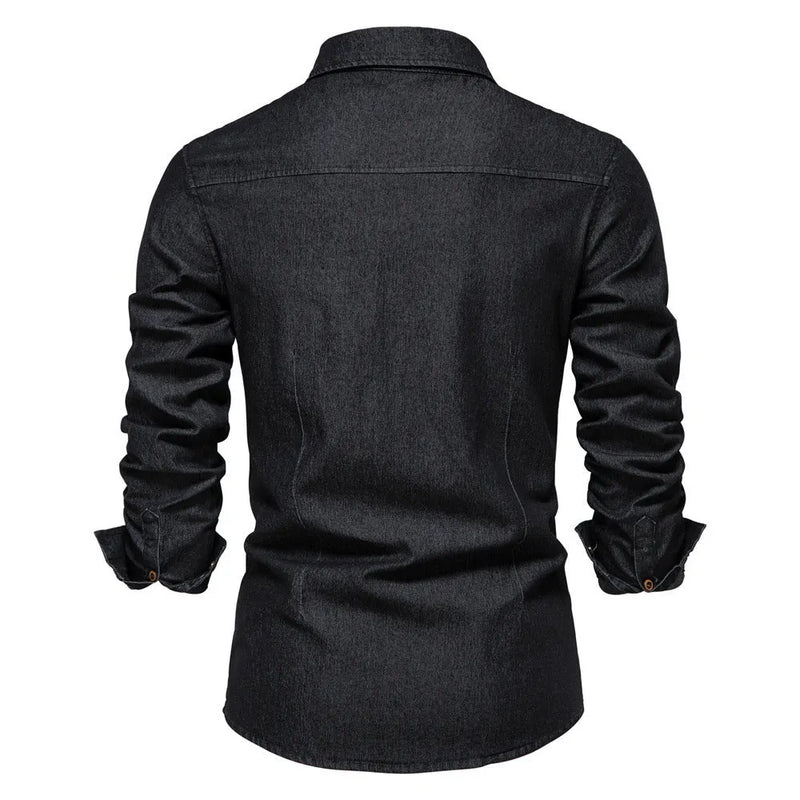 Men's long-sleeved denim shirt in cotton slim fit casual solid button-up top available in black, light blue, medium blue, and Tibetan blue sizes S M L XL XXL XXXL for leisure wear