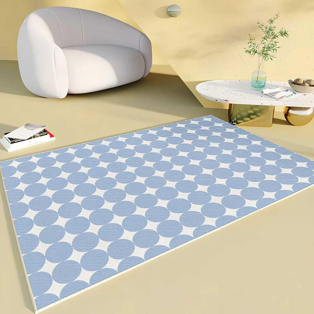Rectangular checkboard pattern rug in dark green with geometric squares on living room floor