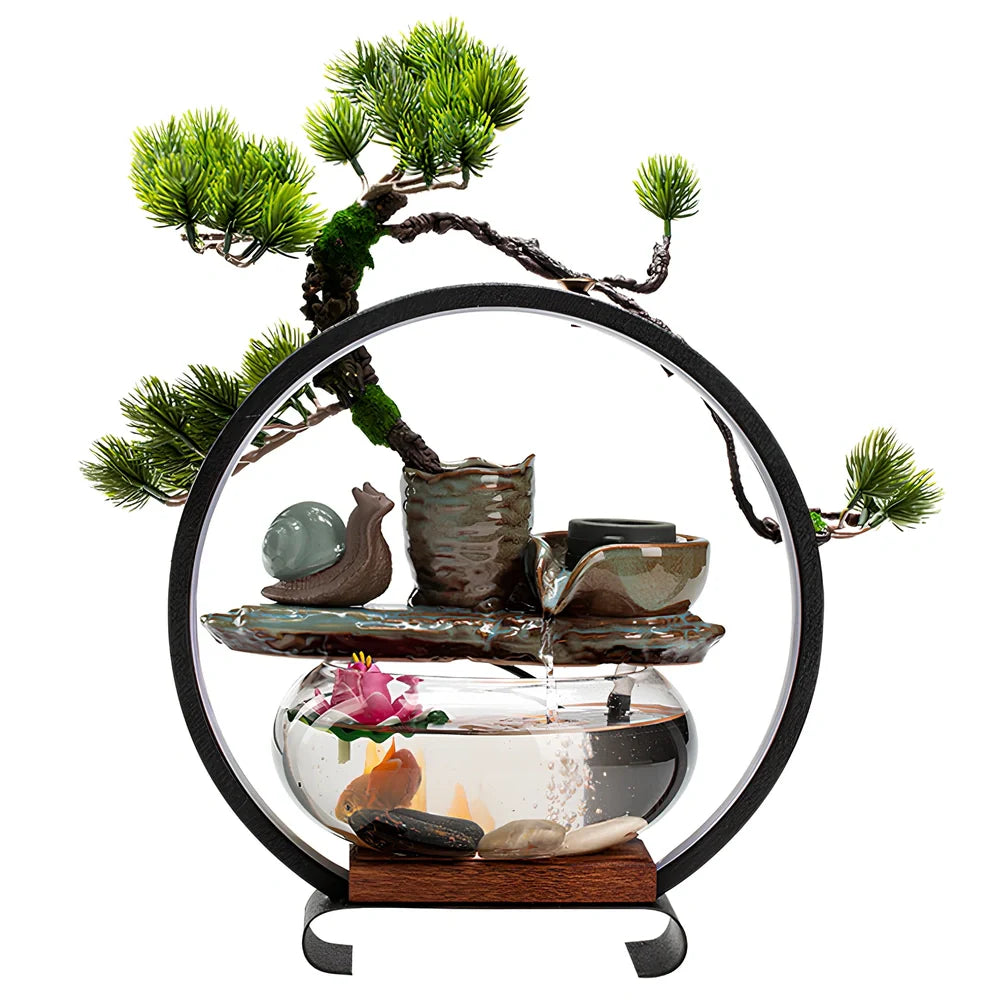 Ceramic water fountain fish tank lamp with stone mill design and integrated LED lighting