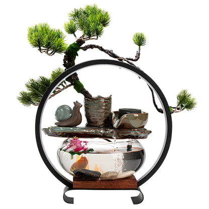 Ceramic water fountain fish tank lamp with stone mill design and integrated LED lighting