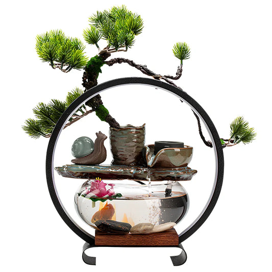 Ceramic water fountain fish tank lamp with stone mill design and integrated LED lighting