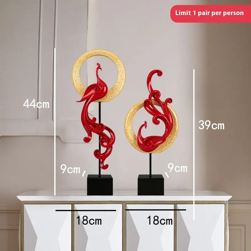 European-style phoenix ornament craft in synthetic resin with intricate detailing, available in festive red, rose gold, or elegant silver finishes