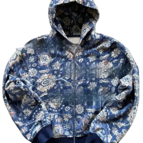 Men's blue loose-fit zip hooded coat casual jacket on a hanger