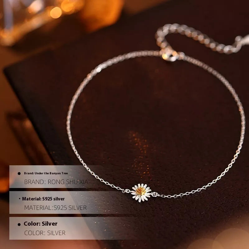 S925 Silver Mori Style Anklet with pastoral floral design for women