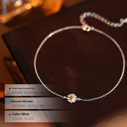 S925 Silver Mori Style Anklet with pastoral floral design for women