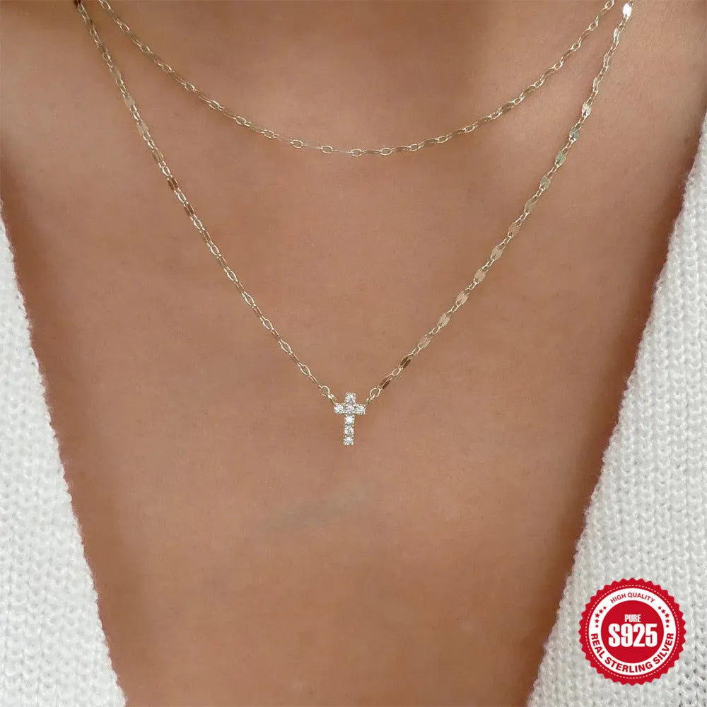 S925 sterling silver double layer twin diamond cross pendant on adjustable 40-45cm chain