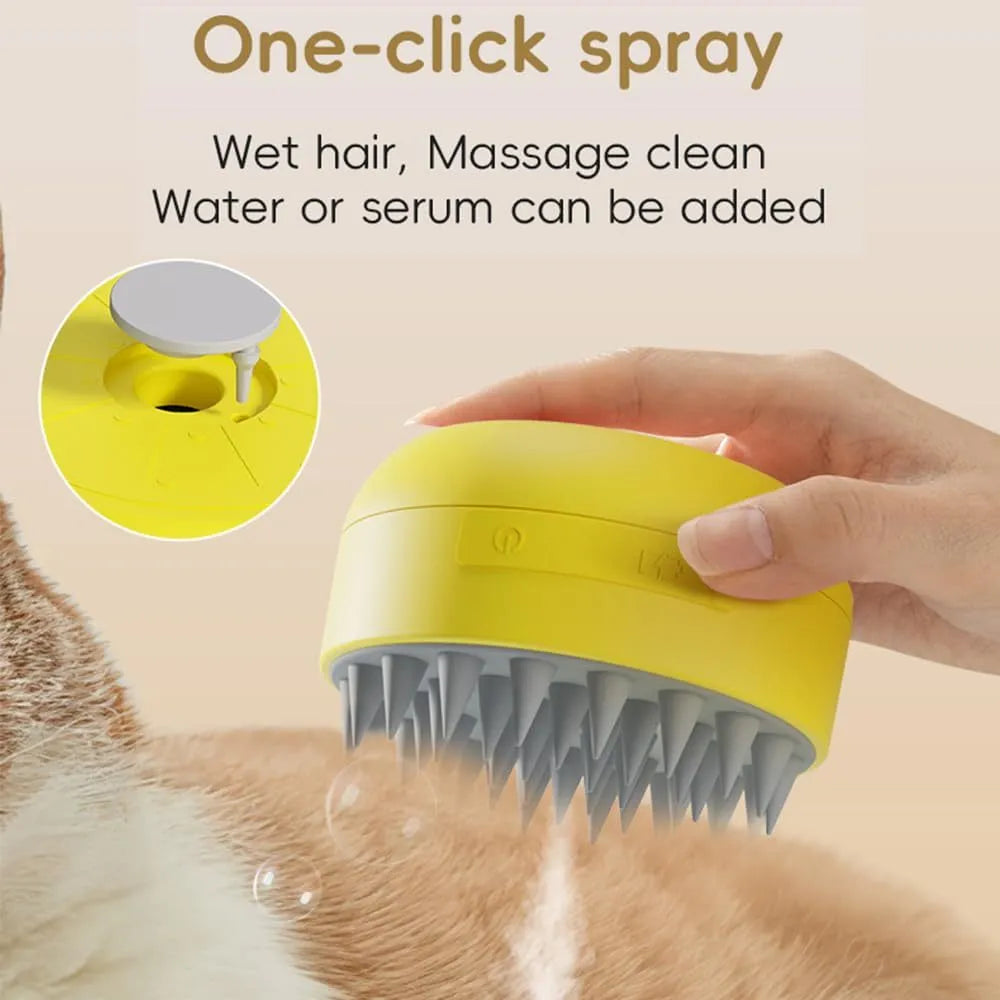 Green and yellow cat steam brush with silicone bristles for grooming pets, measuring 85x85x52mm