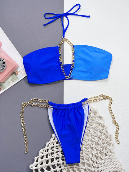 Blue solid colour women's two-piece nylon bikini swimsuit set.