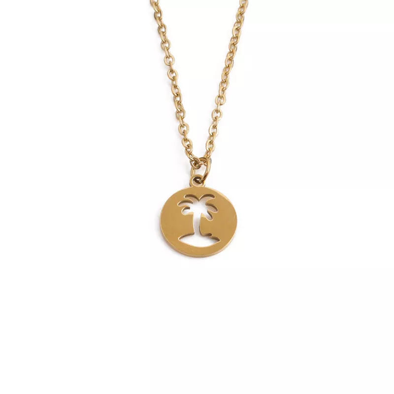 Men's titanium steel hollow coconut tree pendant necklace in gold and gray