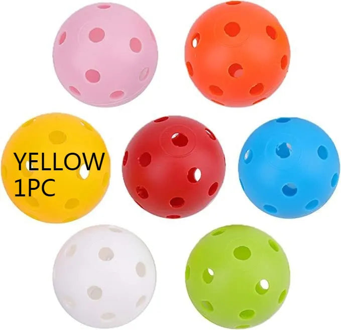 Multi-colour golf practice balls in red, orange, blue, green, white, and yellow, 42mm diameter, packed in a net pocket