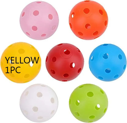 Multi-colour golf practice balls in red, orange, blue, green, white, and yellow, 42mm diameter, packed in a net pocket