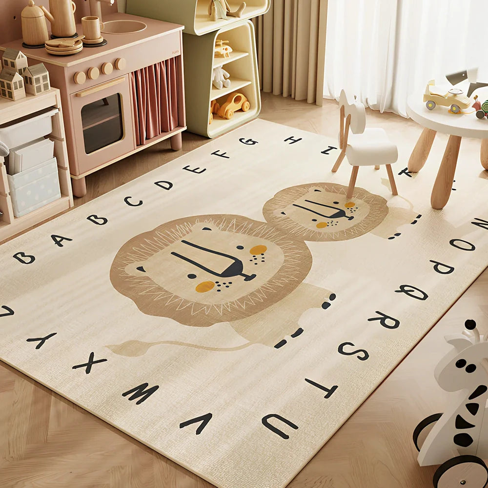 Cartoon animal print geometric pattern polyester carpet available in multiple sizes with hand wash cleaning