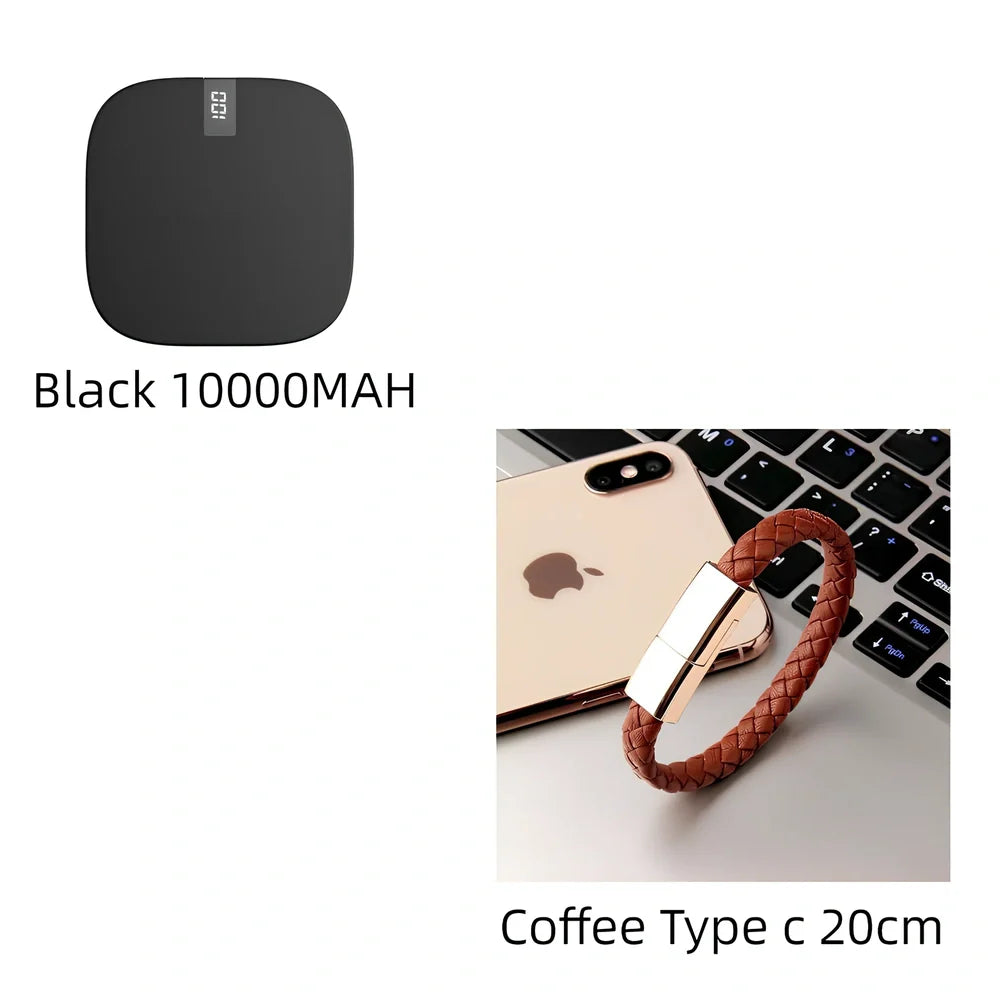 Red 10000 mAh mini power bank with digital display showing battery percentage, measuring 90x64x24mm