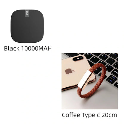 Red 10000 mAh mini power bank with digital display showing battery percentage, measuring 90x64x24mm