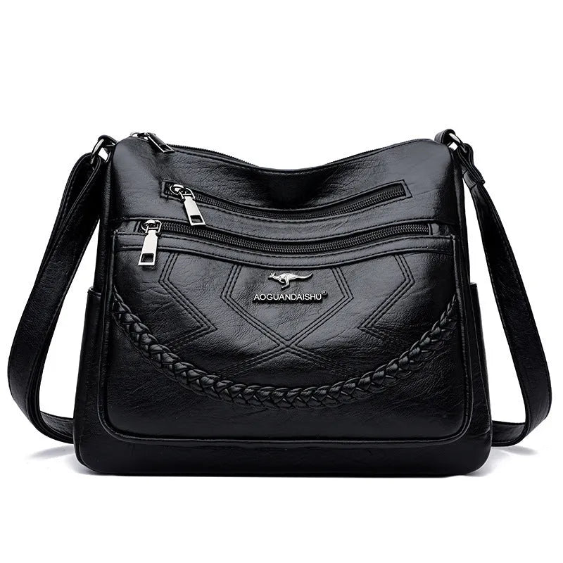 Soft leather fashion shoulder bag in horizontal square design with multiple internal pockets